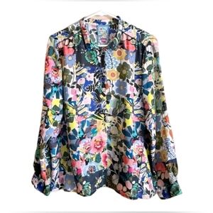 Johnny Was Chelsea Astra Floral Button-Up Silk Blouse Roll Tab Sleeves Large